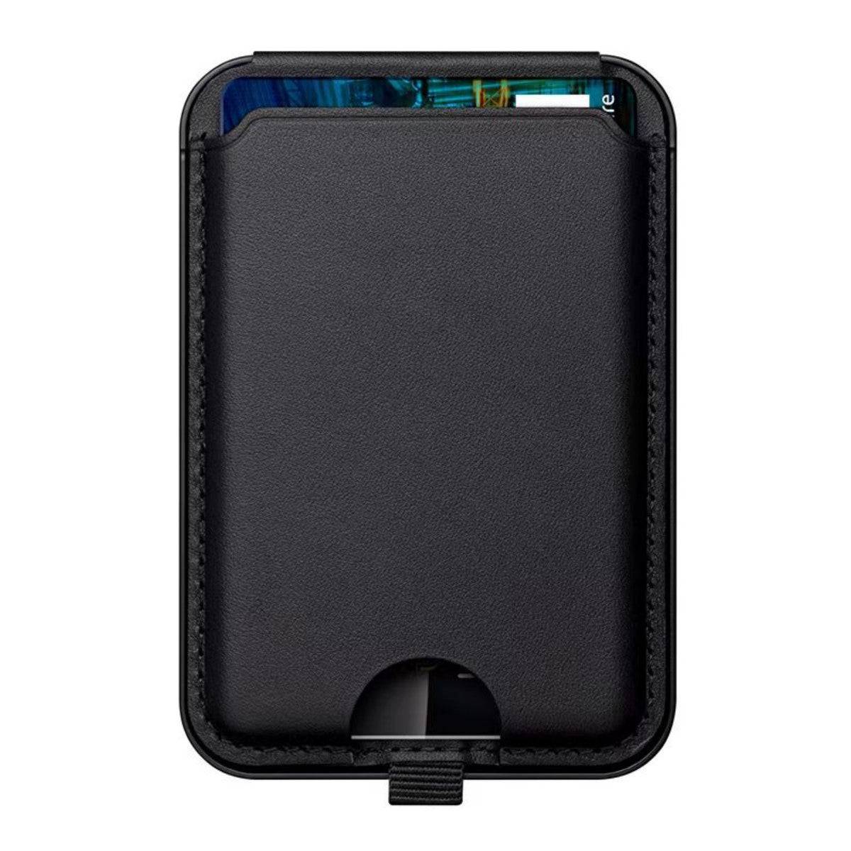 Black leather magnetic wallet stand with card slot, designed for secure attachment to smartphones. Stylish and functional phone accessory.